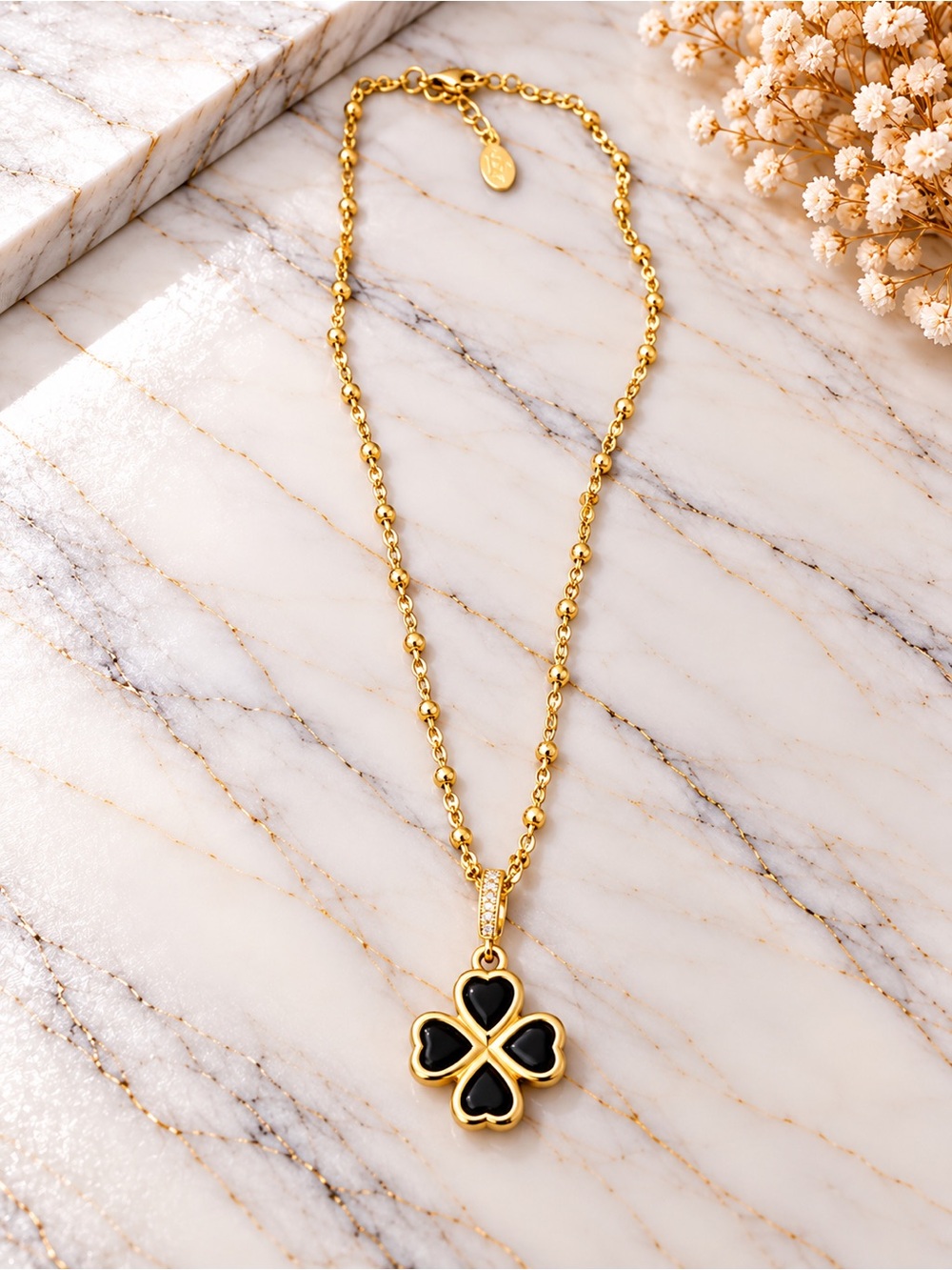 Gold Filled Four-Leaf Clover Pendant Necklace with Black Enamel